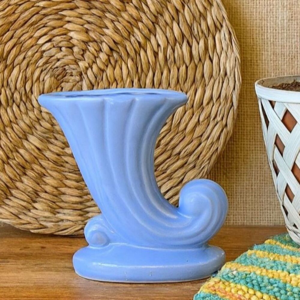 Shawnee Pottery Cornucopia Vase Vintage Pastel Blue Glazed Fluted 6.5" Art Deco